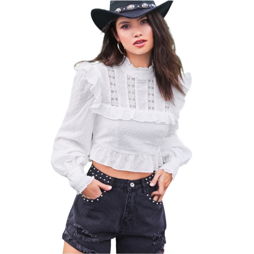 Prairie Floral Lace Ruffled Top NEW M Yoke Crop Cotton Embroidered Insert Blouse